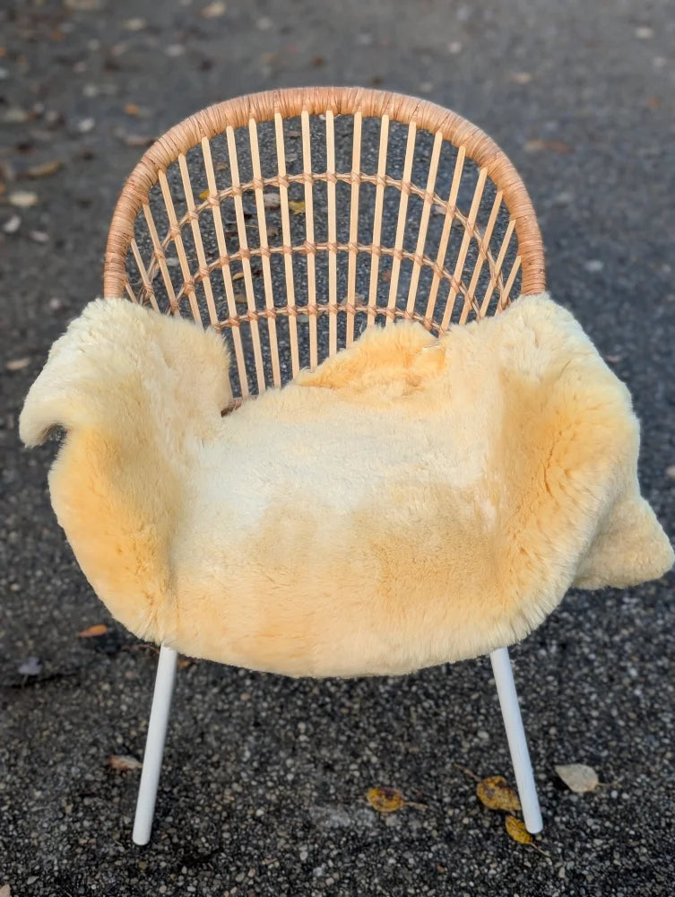 A cozy cream-colored washable medical sheepskin blanket draped over a wicker chair by angus oliver british sheepskins