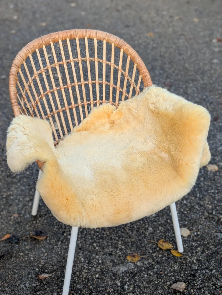 A cozy cream-colored washable medical sheepskin cushion on a modern wicker chair by angus oliver british sheepskins