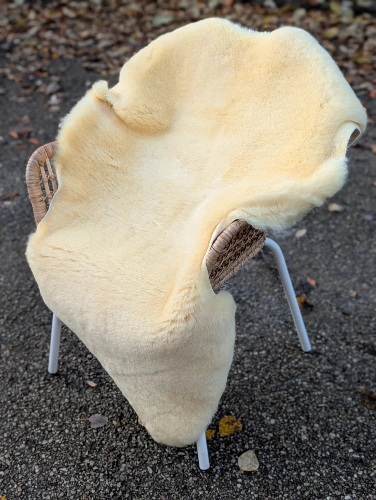 Cream-colored washable medical sheepskin rug draped over a wicker chair with white metal legs for comfort and care
