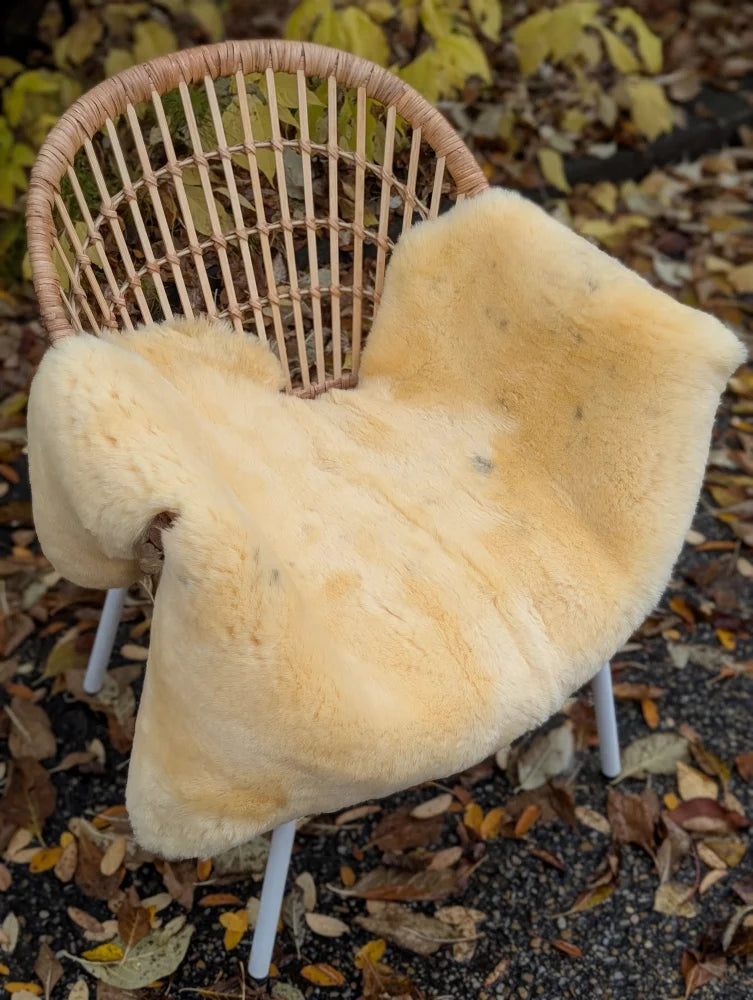 Cream-colored naturally spotted medical sheepskin washable 44 x 30 cover draped over wicker-framed chair