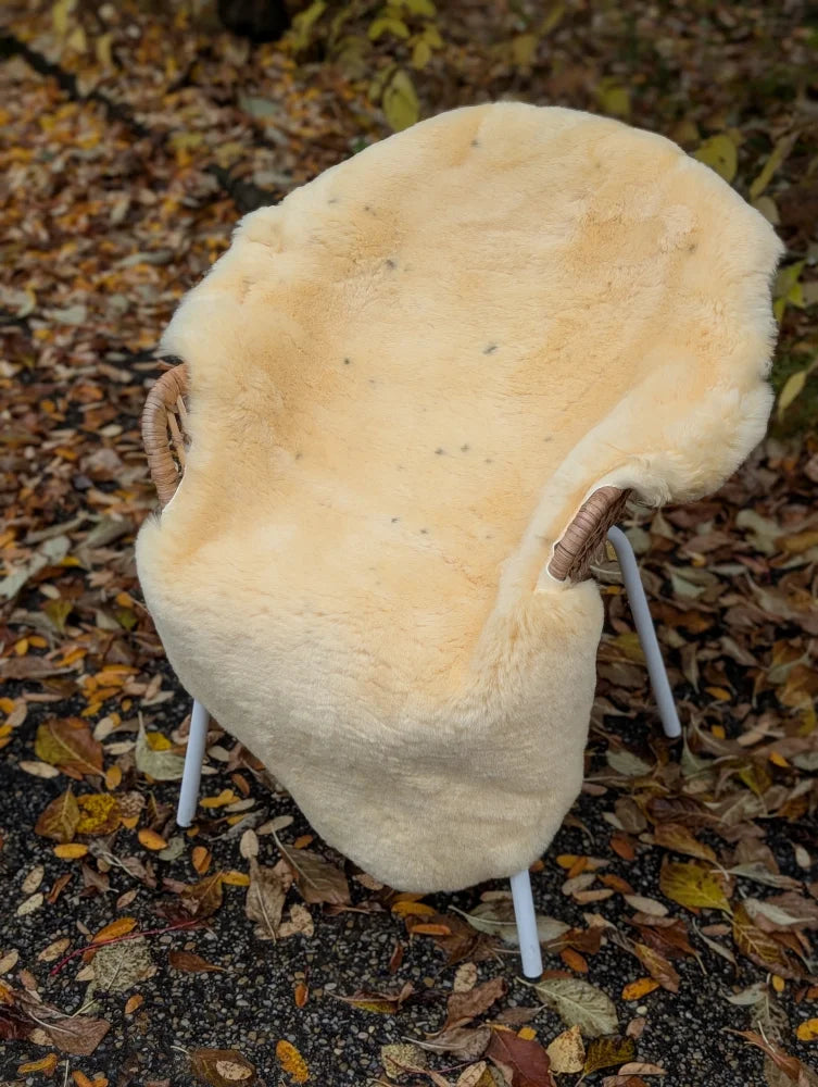 Cream-colored medical sheepskin chair cover with naturally spotted pattern on modern wicker and metal frame