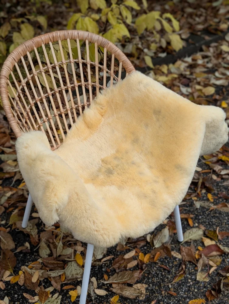 Cream-colored naturally spotted medical sheepskin throw draped over wicker chair washable medical sheepskins