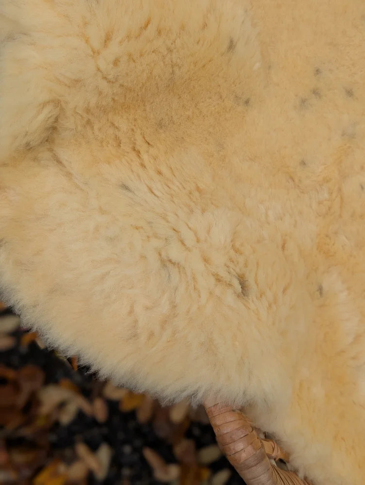 Cream-colored medical sheepskin rug with soft fluffy texture and naturally spotted fur pile washable and 50 x 33 inches