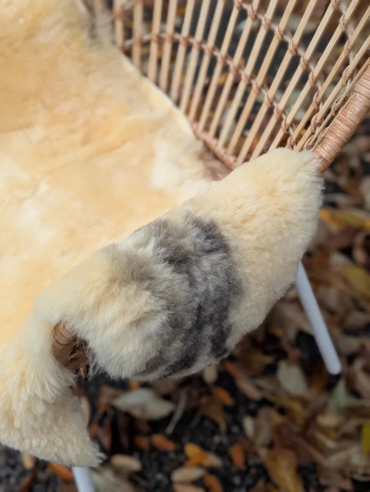 Cream-colored medical sheepskin throw with soft fluffy texture and subtle grayish-brown patches by angus oliver