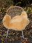 A cozy light tan washable medical sheepskin cover draped over a woven wicker chair with white metal legs by angus oliver