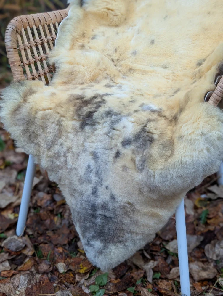 A soft cream-colored naturally spotted medical sheepskin rug with gray and black speckles draped over a wicker chair
