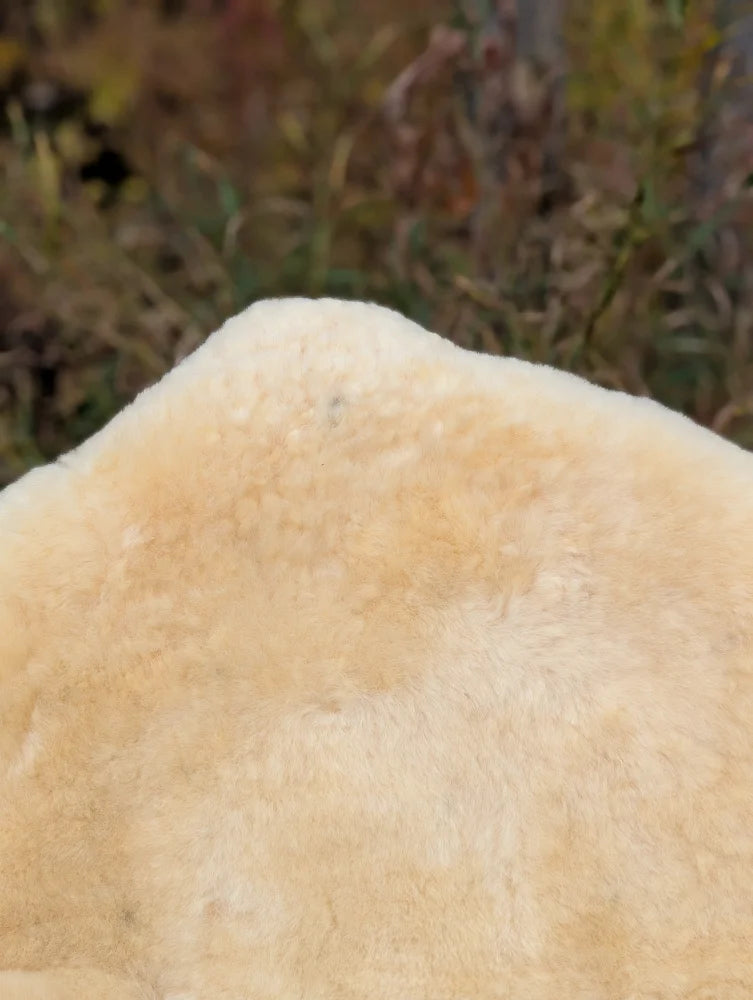 Cream-colored plush medical sheepskin with a naturally spotted soft textured surface in 48.5 by 35 inches size