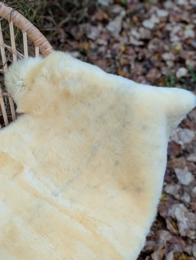 Cream-colored medical sheepskin throw with soft fluffy texture naturally spotted draped over wicker chair