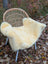 Cream-colored naturally spotted medical sheepskin throw draped over wicker chair with light blue metal legs
