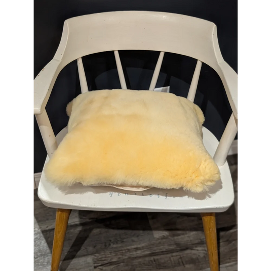 Cream-colored medical sheepskin cushion resting on a white wooden chair with a soft cushion cover