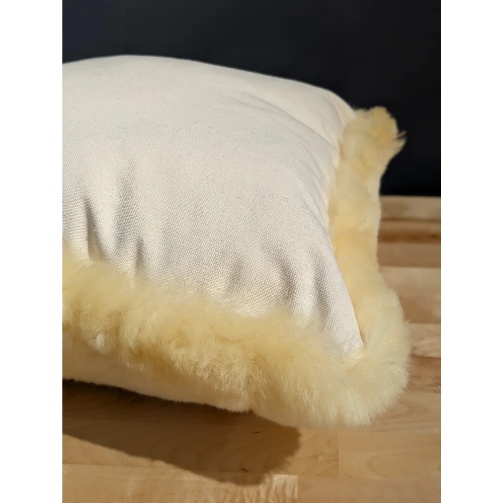Cream-colored medical sheepskin cushion with soft fluffy texture and subtle woven cushion cover for comfort