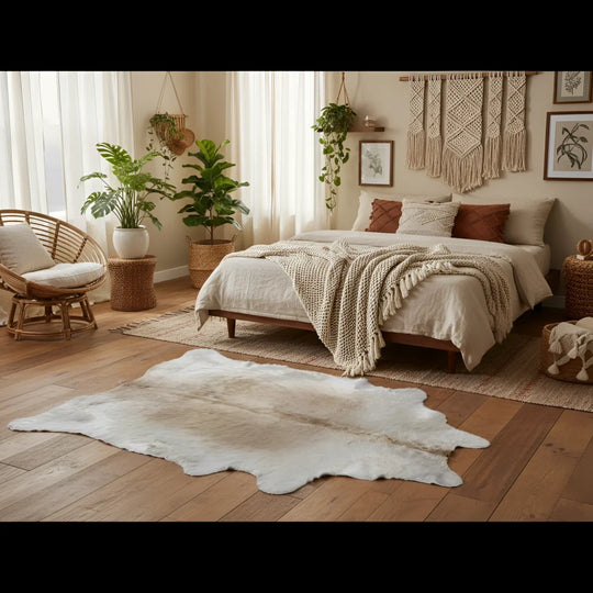 Medium very soft natural white cowhide rug with fluffy texture and irregular edges from angus oliver large cowhide beautiful rugs
