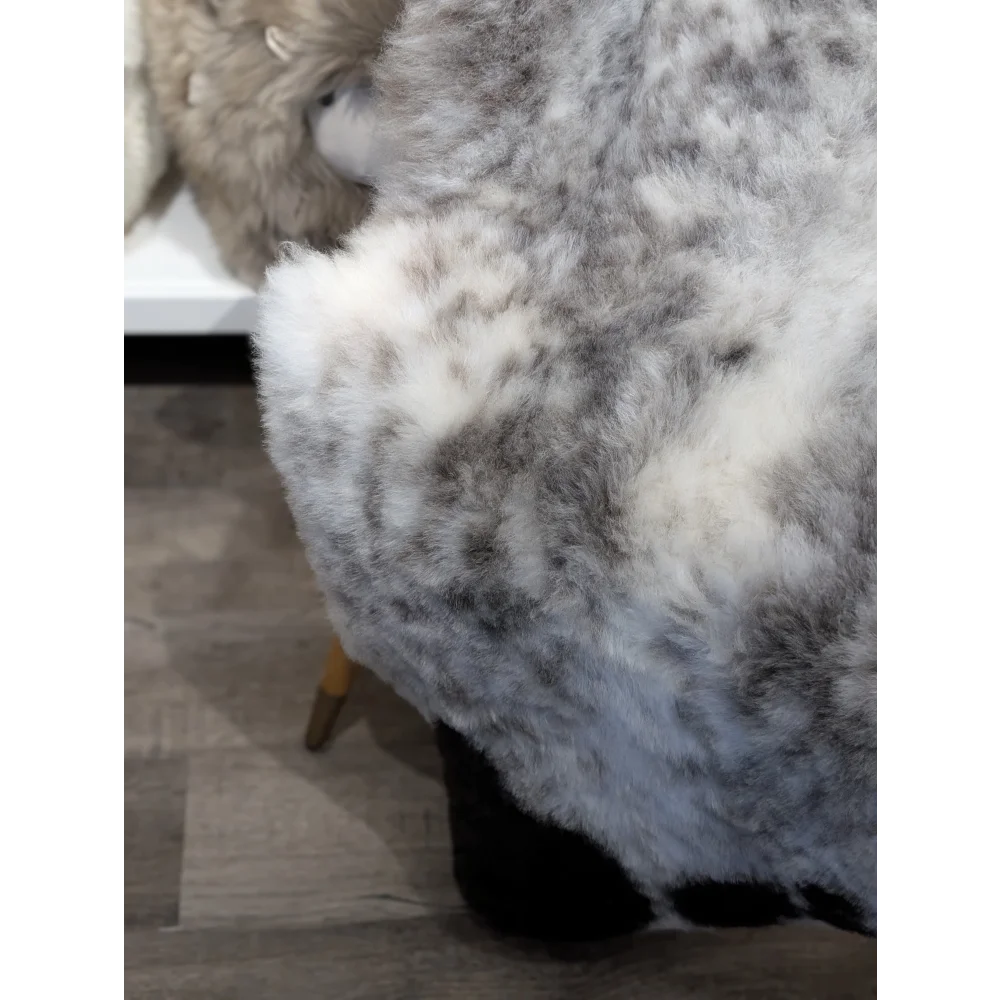 A plush medium dalmatian icelandic sheepskin rug in gray and white soft short wool icelandic sheepskin texture