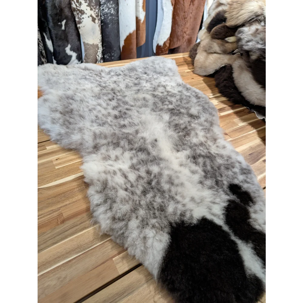 Medium dalmatian icelandic sheepskin rug with mottled white gray black short wool icelandic texture coming soon
