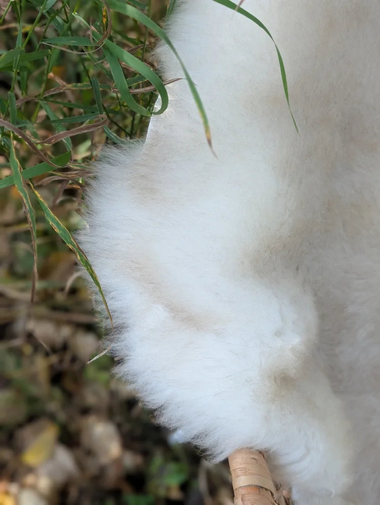 A fluffy white british isles sheepskin with a wooden handle perfect for cozy home decor or comfort use