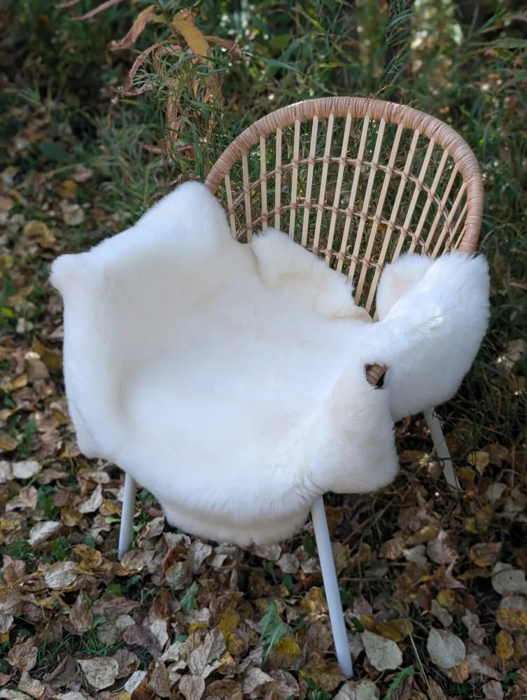 White fluffy british isles sheepskin chair cover draped over wicker chair for cozy seating comfort