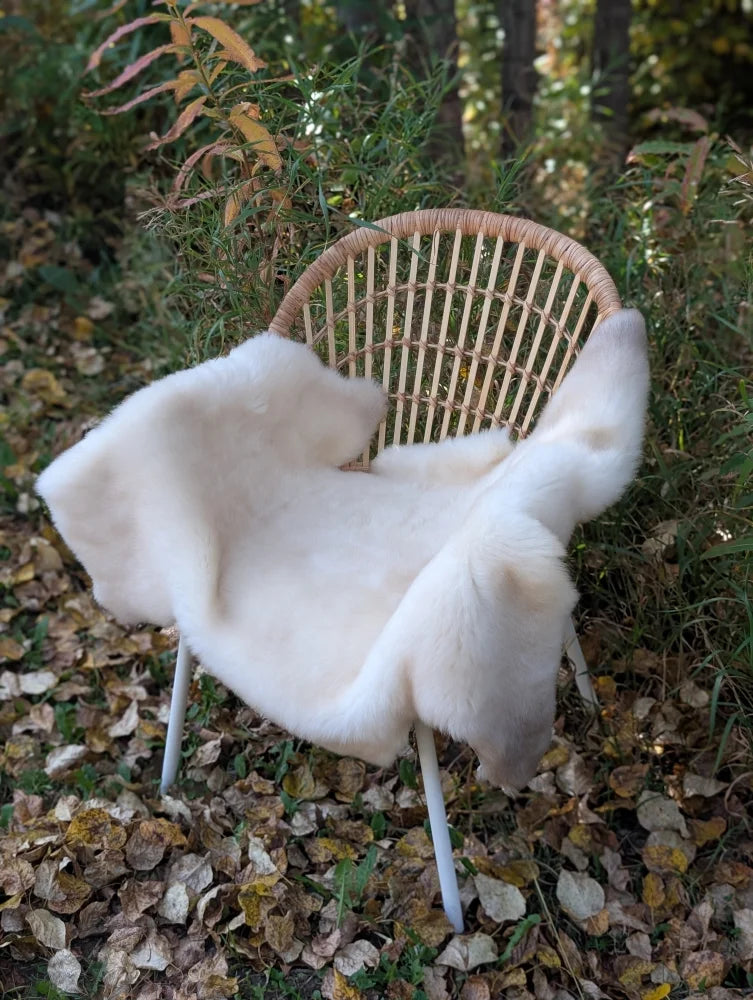 Cream-colored british isles sheepskin throw draped over a woven wicker chair for cozy decor and warmth