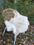 A soft creamy white british isles sheepskin faux fur throw draped over a wicker chair for cozy comfort