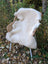 A plush off-white british isles sheepskin rug draped over a wicker chair with white metal legs