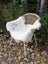 White british isles sheepskin chair cover with natural brown spots draped over a wicker-backed chair