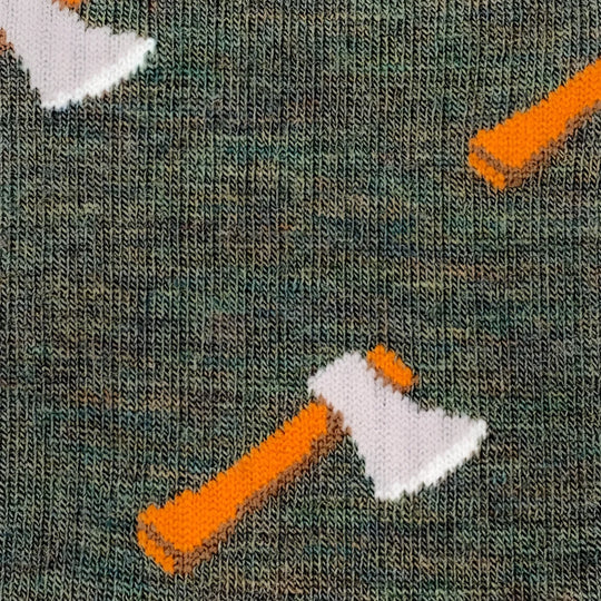Green knitted merino wool socks with orange and white axe patterns perfect for warm hiking and trail use