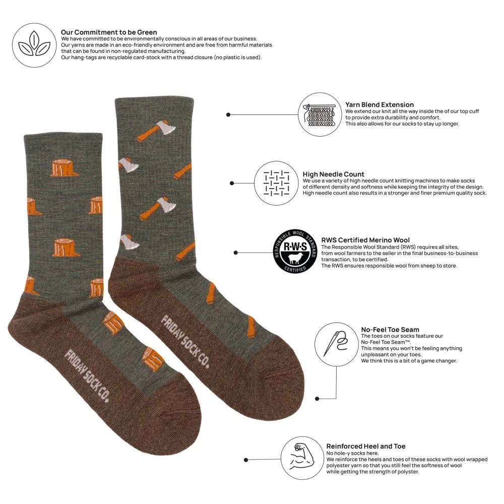 Men’s olive green and brown wool socks with orange axe and tree stump patterns made from rws certified merino wool