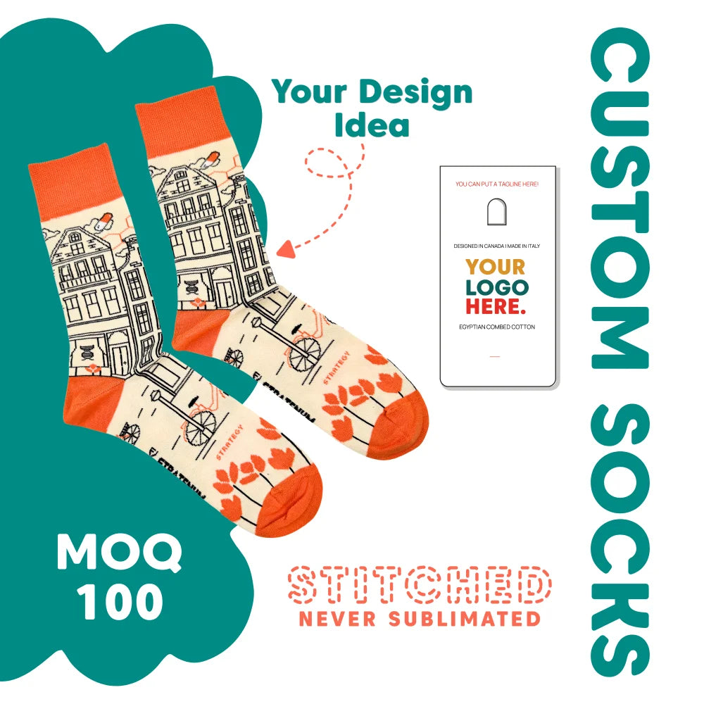 Cream-colored merino wool socks with orange accents and black european building and bicycle design for warm hiking