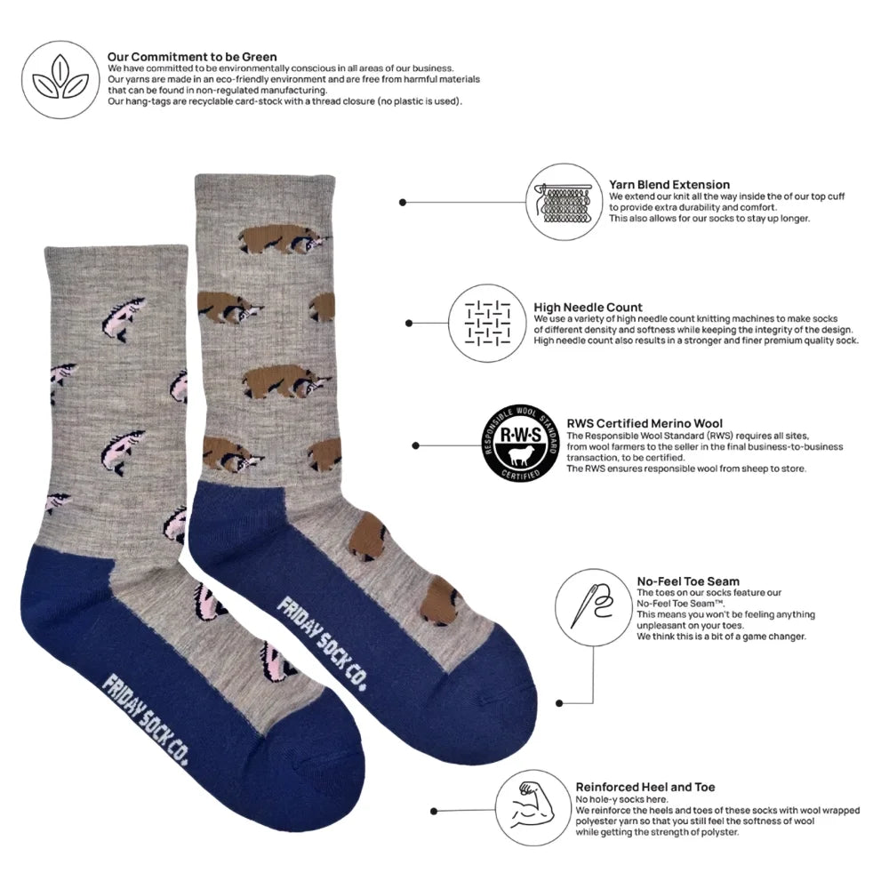 Men’s gray and navy blue merino wool socks with playful brown and pink pigs made by friday sock co for warmth and breathability