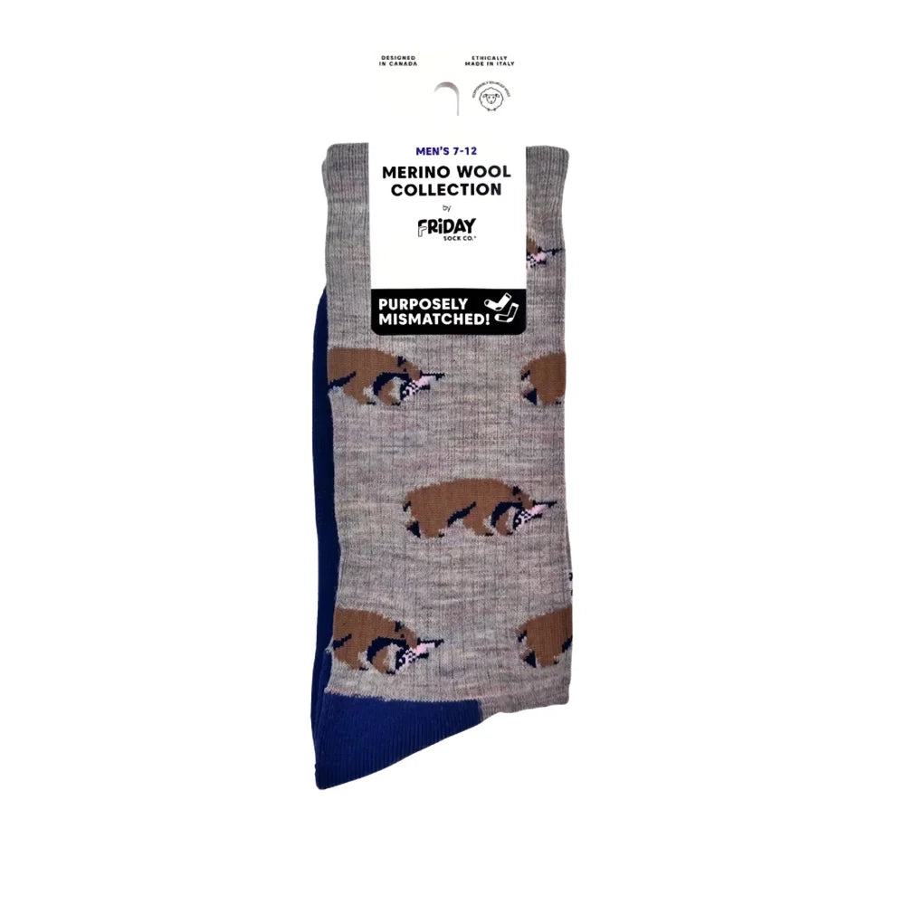 Gray and blue men’s merino wool socks with brown wild boar pattern warm breathable wool socks from friday sock co