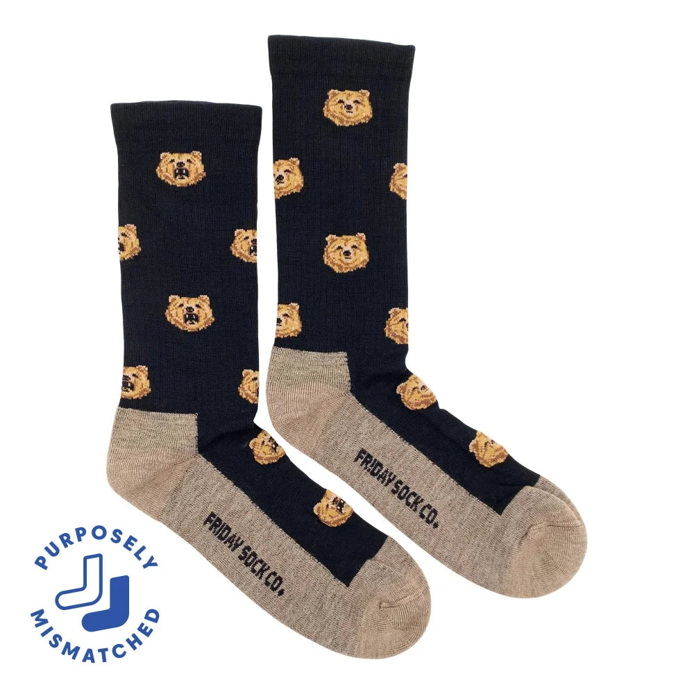 Men’s dark navy merino wool socks with tan bear faces and beige toe heel accents for soft wool sock comfort