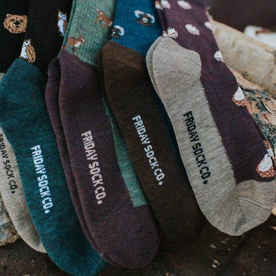 Men’s bear merino wool socks in teal maroon and brown with embroidered woodland animals for cozy soft comfort