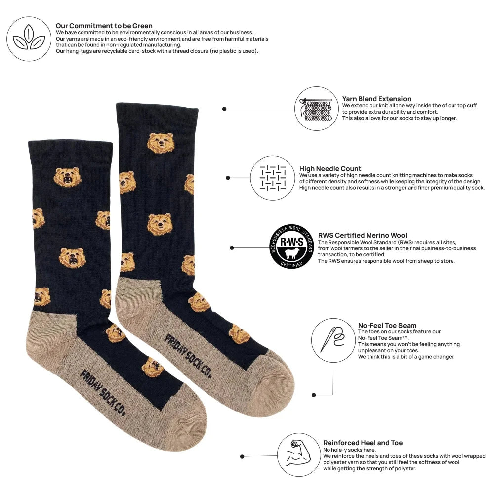 Navy blue men’s bear merino wool socks with tan bear faces and tan toe and heel by friday sock co for soft comfort