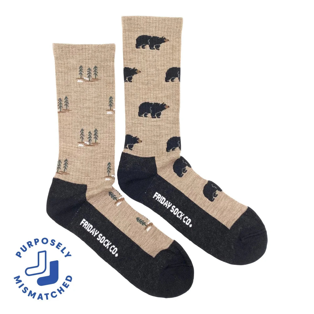 Beige and black men’s bear and tree merino wool socks by friday sock co soft trekking knit wool socks