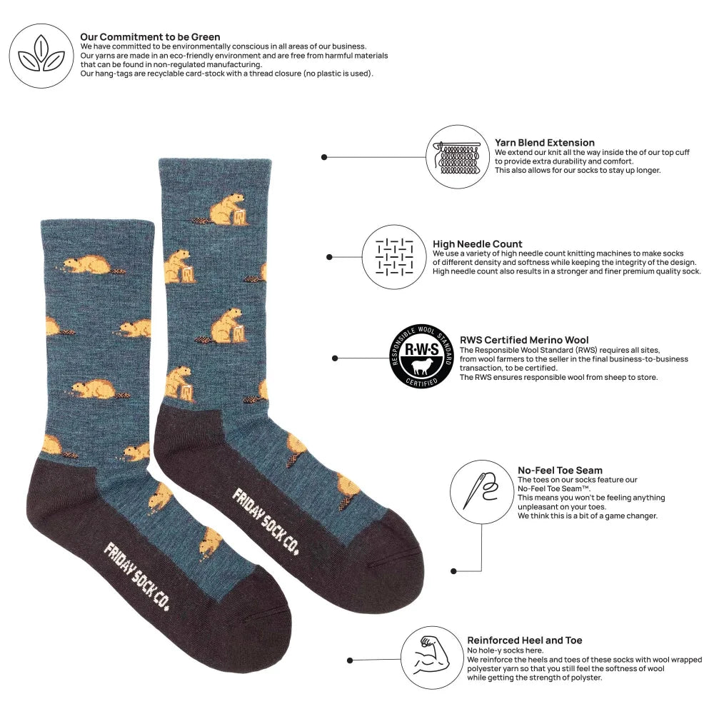 Mens blue and brown merino wool socks with yellow beaver pattern for premium soft comfort and warmth