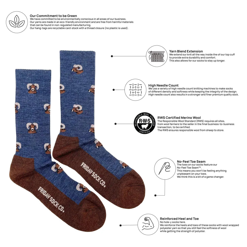 Men’s big horned sheep merino wool socks blue and brown crew socks with smiling bear faces made from rws certified wool socks