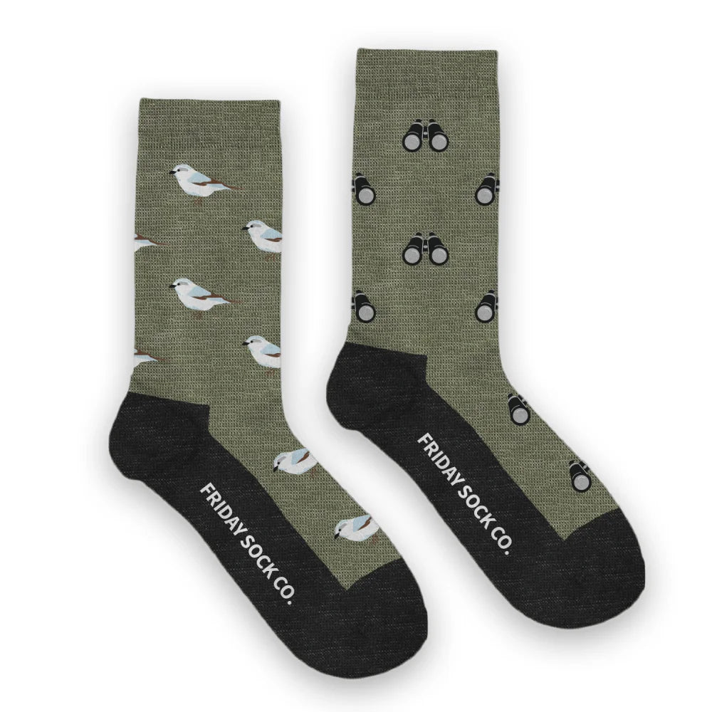 Olive green bird-themed merino wool socks with black toe and heel from Friday Sock Co