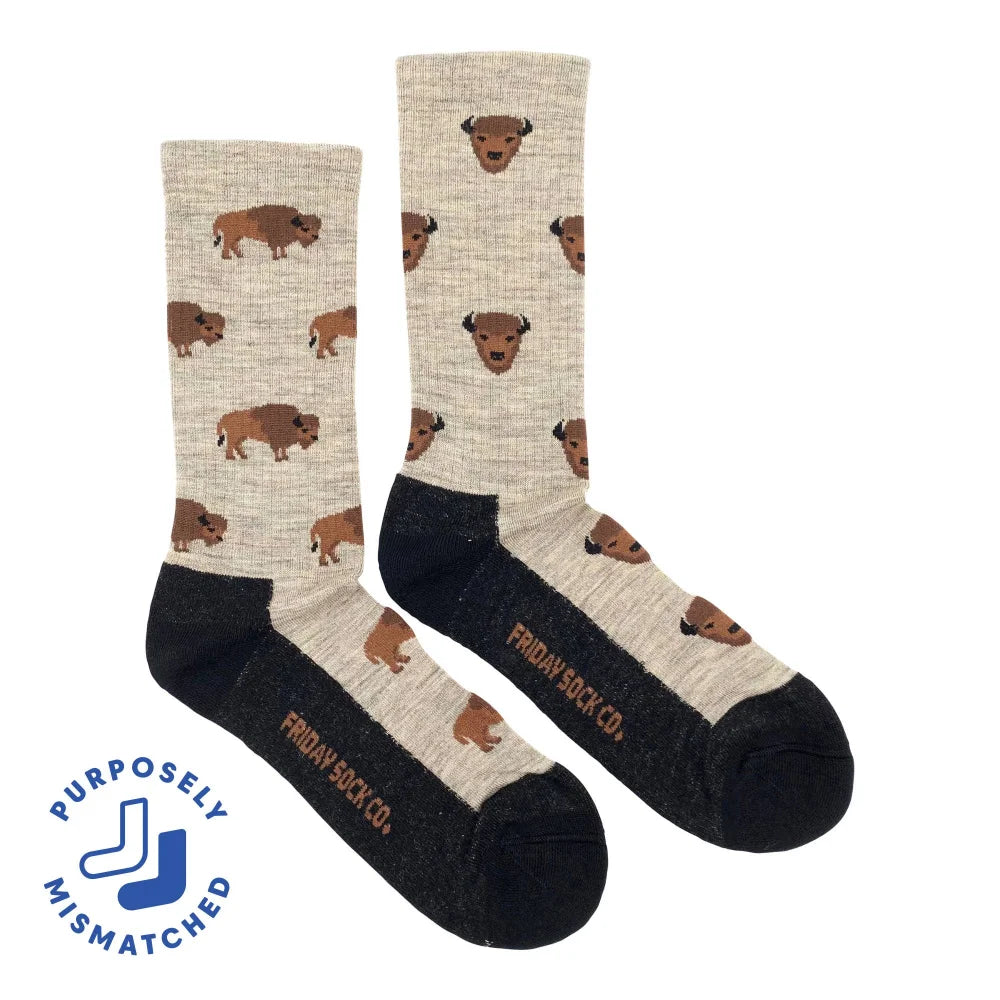 Heathered beige men’s bison merino wool socks with brown prints and black toe and heel from friday sock co for hiking