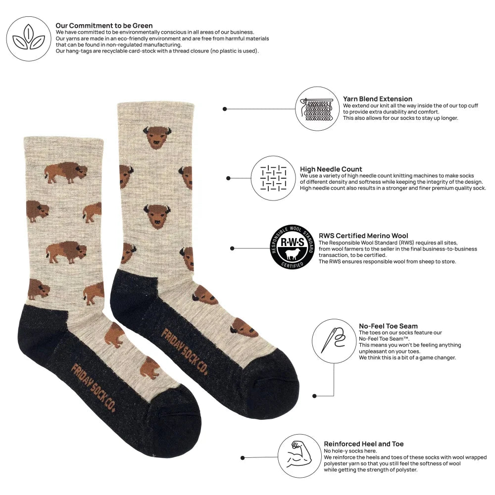 Men’s bison merino wool socks in beige and black buffalo pattern with reinforced heel and no-hole design for hiking