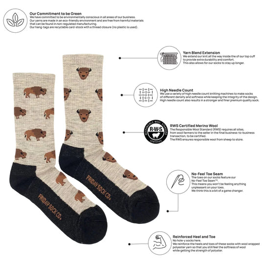 Men’s bison merino wool socks in beige and black buffalo pattern with reinforced heel and no-hole design for hiking