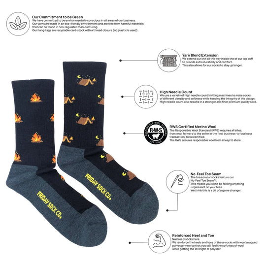 Men’s dark blue merino wool socks with orange campfires brown tents gray heel toe breathable fit by friday sock co