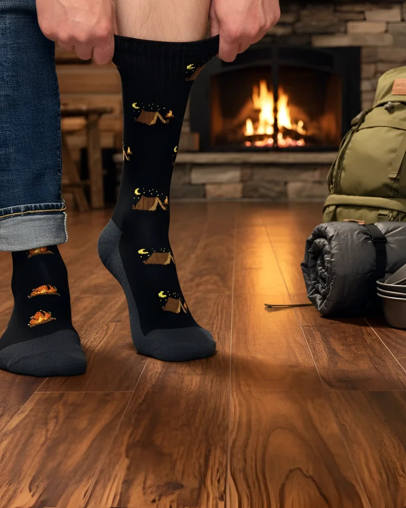 Black mens merino wool socks with tan tents and campfires print breathable fit camping wool socks