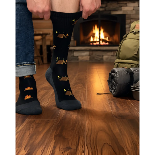 Black mens merino wool socks with tan tents and campfires print breathable fit camping wool socks