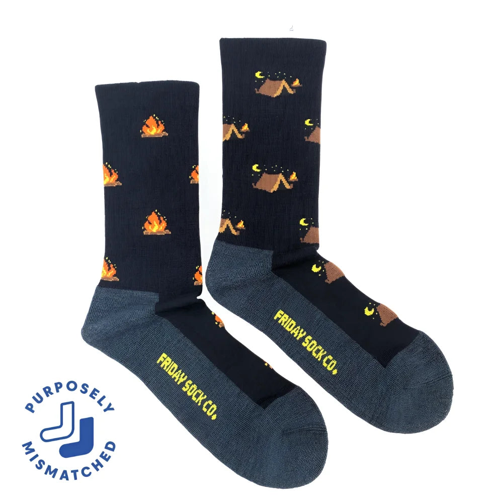 Men’s dark navy merino wool socks with campfire and tent pattern breathable fit wool socks for camping at night