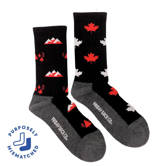 Men’s canada merino wool socks with black base red and white maple leaf and mountain design gray toe and heel sections