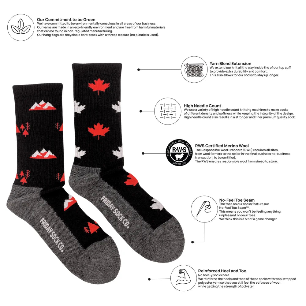 Men’s canada merino wool socks in black and gray with red maple leaf and mountain designs made from rws certified wool socks