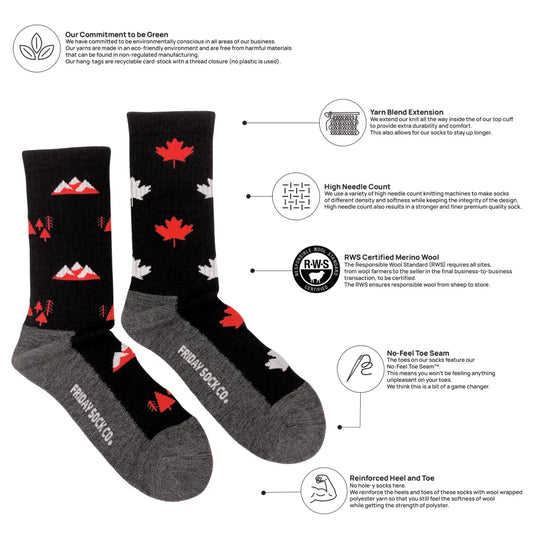 Men’s canada merino wool socks in black and gray with red maple leaf and mountain designs made from rws certified wool socks
