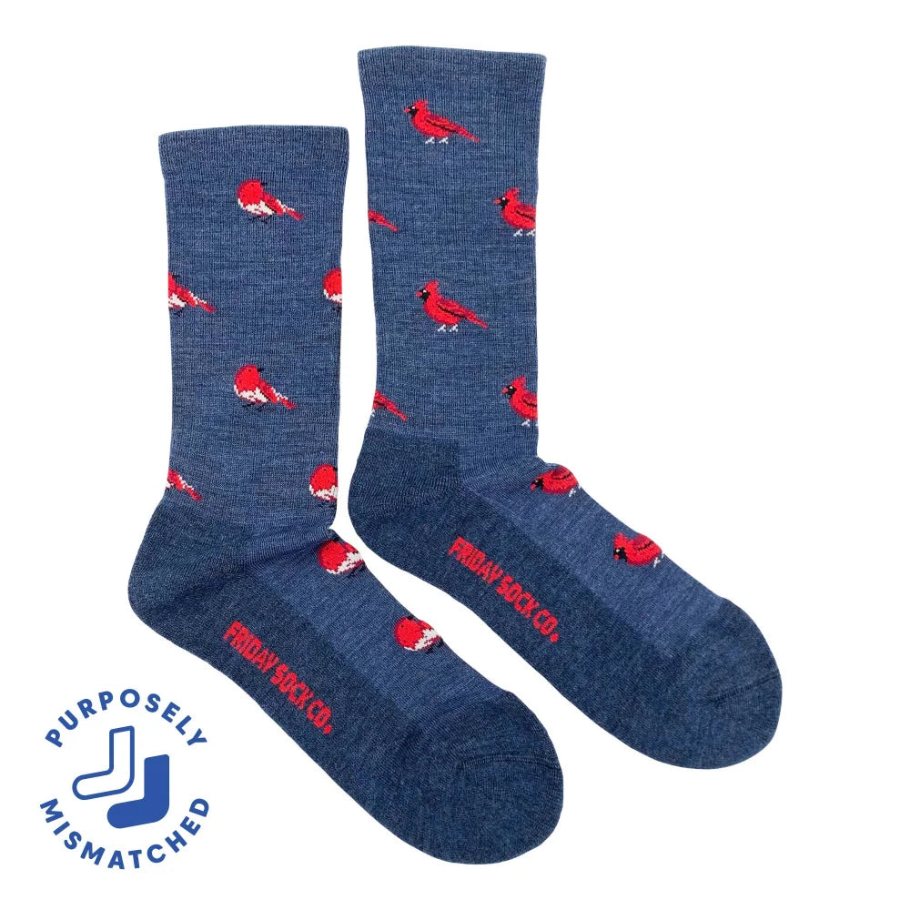 Blue men’s merino wool socks with red cardinal bird pattern perfect for outdoor cozy wear