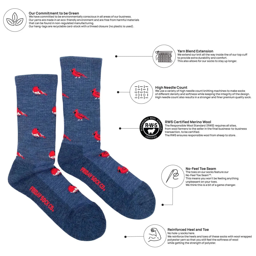 Men’s blue merino wool socks with red cardinal patterns and friday sock co branding perfect cozy outdoor wool socks