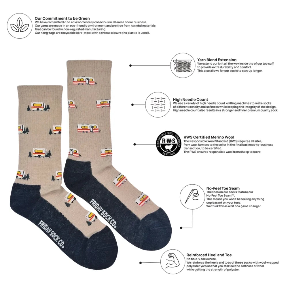 Beige and navy blue merino wool socks with vintage camper pattern and friday sock co branding on the heel