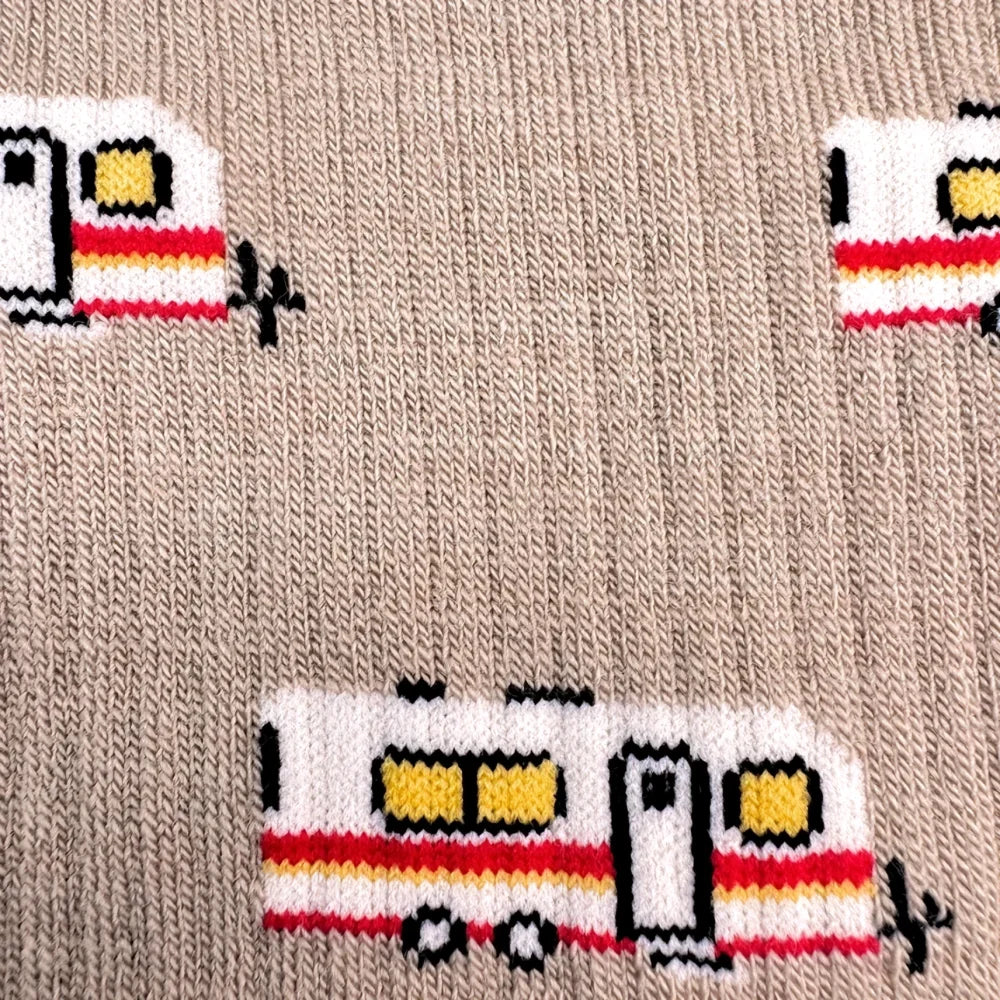 Beige knitted sweater with pixelated retro camper designs in white red yellow and black perfect for merino wool socks fans